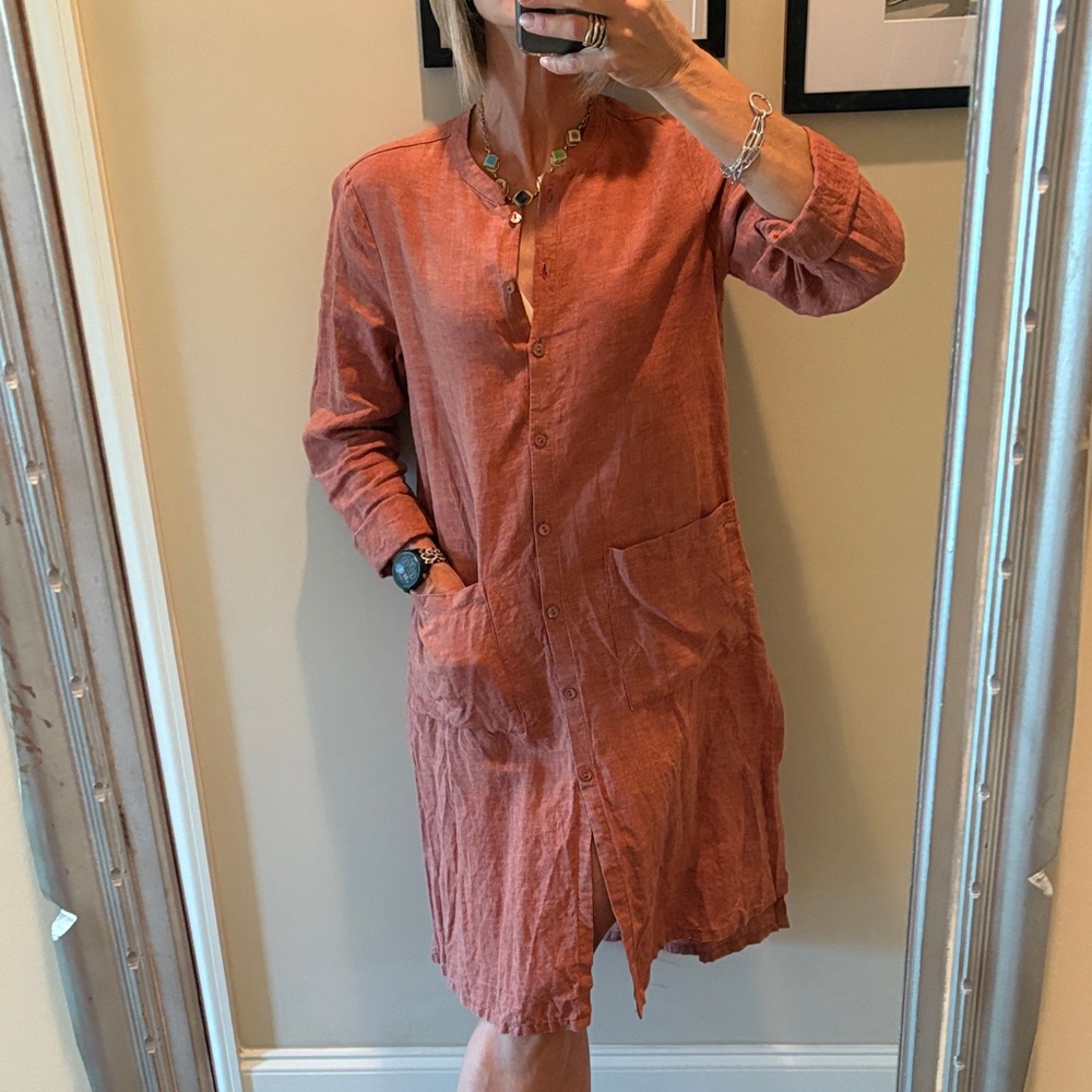 Terracotta Linen Dress Duster Eileen Fisher - Picture 3 of 10